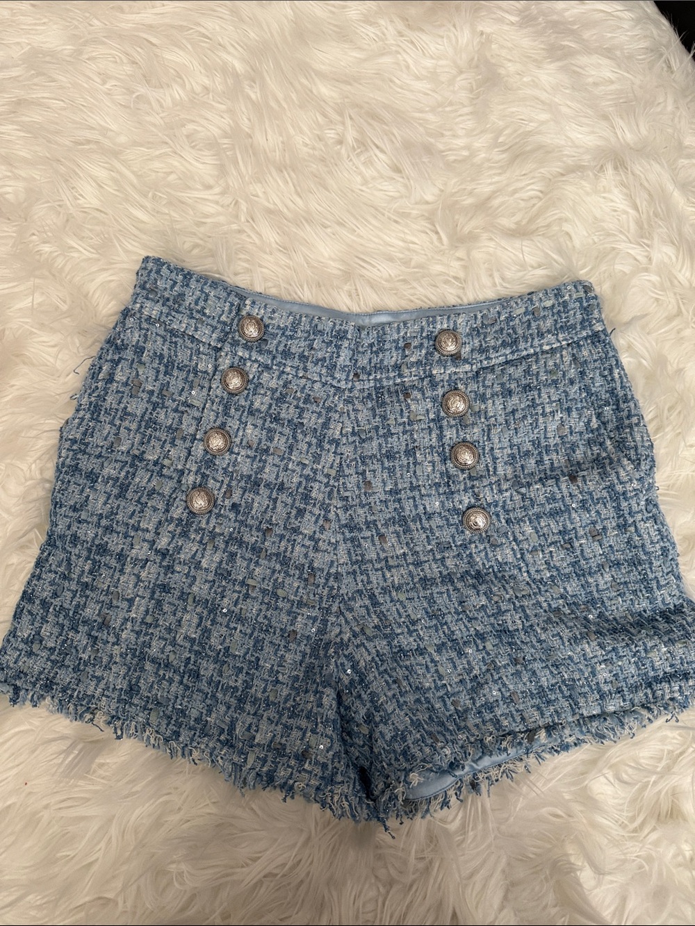 Generation Love Blue Tweed High-Waist Button-Front Shorts Size Medium